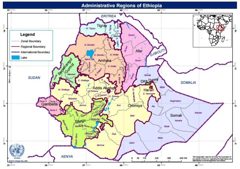 Mapa de las divisiones administrativas dentro de Etiopía según la etnia. Fuente ReliefWeb