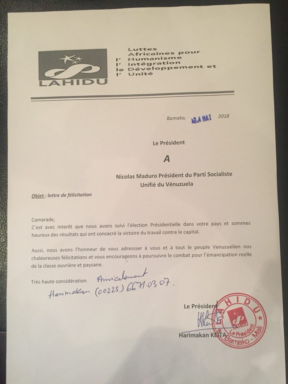 Felicitación de LAHIDU Mali