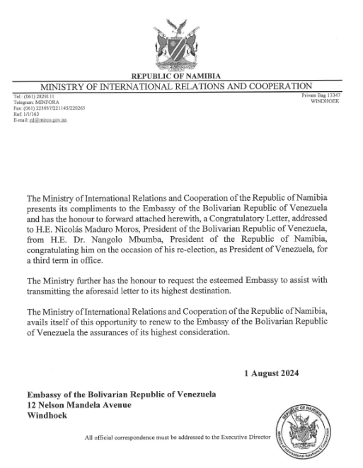 Carta de felicitación del Ministerio de Relaciones Internacionales y Cooperación de Namibia al Presidente Maduro