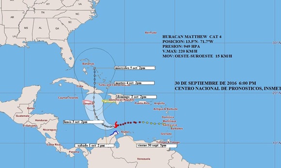 Cono de trayectoria del Huracán Matthew actualizado