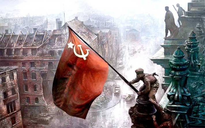 La Bandera de la Gran Victoria colocada sobre el Reichstag - Demostración gráfica de que fueron la URSS, el Ejército Rojo, el Partido Comunista Bolchevique de la URSS, y los Partidos Comunistas y aliados de la Resistencia en los Países de la Europa ocupada quienes derrotaron a la bestia nazi y a su ejército